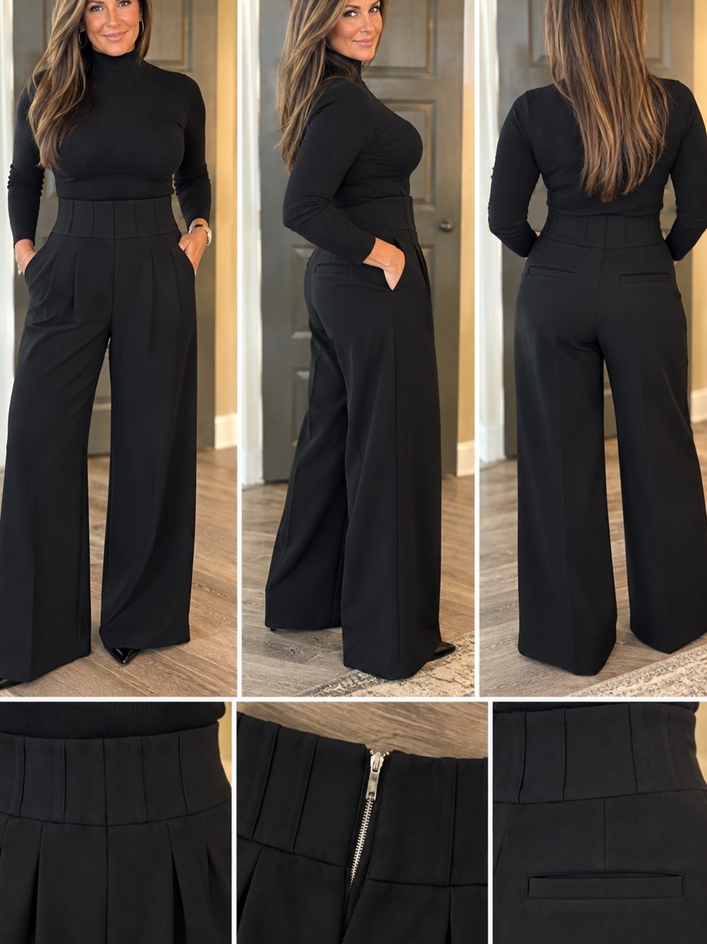 High-Waist Pleated Wide-Leg Pants - Black